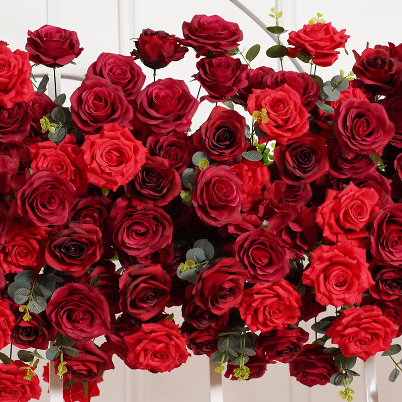 A8114 bordeaux rouge Rose vert feuille d'eucalyptus arc de mariage arrangement de rangée florale centre de Table