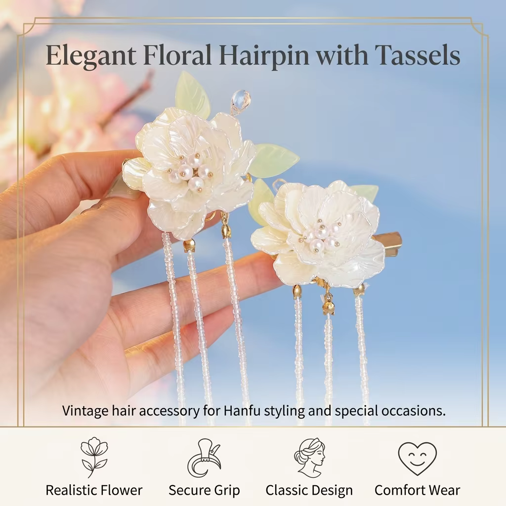 Accessoire de cheveux de mariée, style chinois vintage, épingle à cheveux à fleur blanche et pompon pour mariage, Hanfu, fête, coiffure quotidienne, cadeau