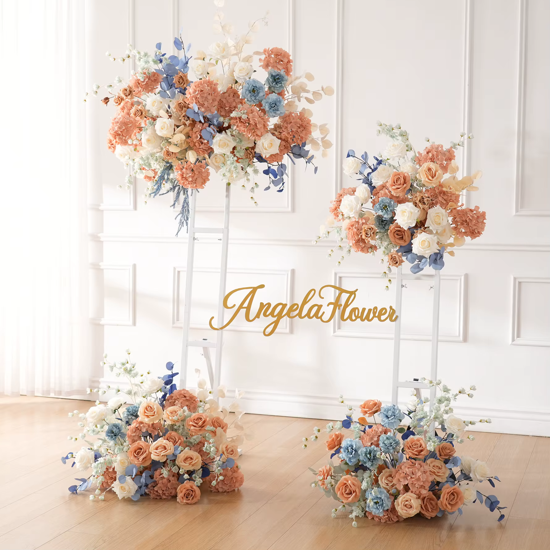 Angela Flower A9048 Arrangement Floral suspendu bleu Orange pour toile de fond de mariage passerelle allée sol fleur rangée fenêtre affichage