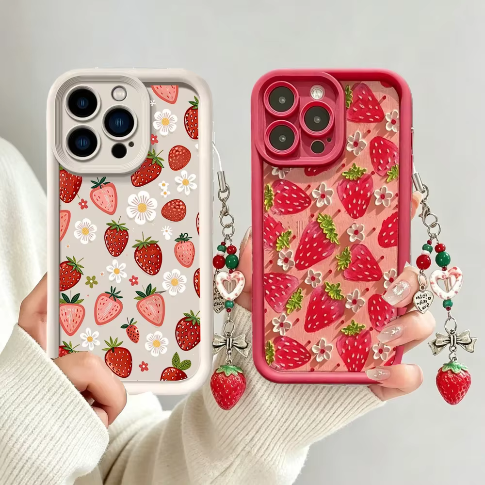 Coque en silicone souple mat TPU avec chaîne et pendentif motif fleur fraise pour Google Pixel 10 Pro 9A 8A 10 9 8 10 Pro XL 7A