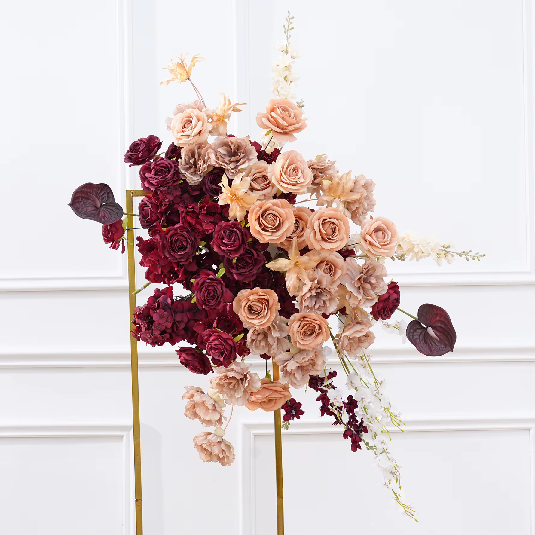 C8987 automne café Delphinium bordeaux Roses accrocher Imitation arrangements floraux mariage Photo décors sol fleurs événement accessoires