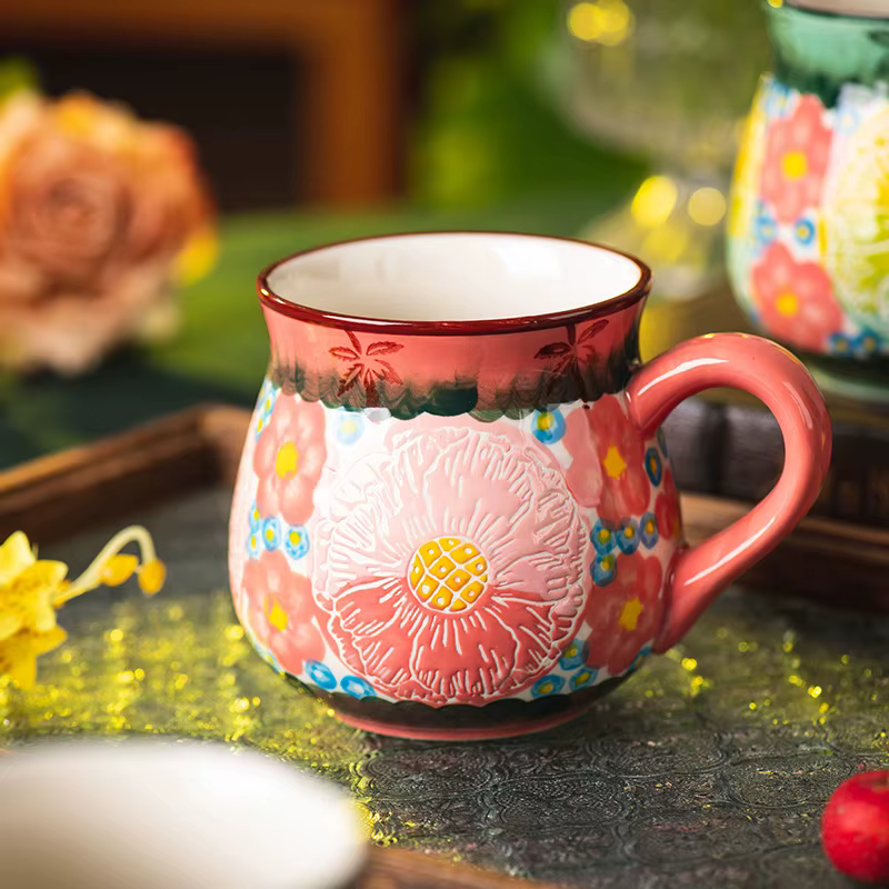 Tasse en céramique à fleurs Vintage faite à la main, Design créatif café lait petit déjeuner tasse pour bureau maison rétro thé tasse d'eau 2025 nouveau