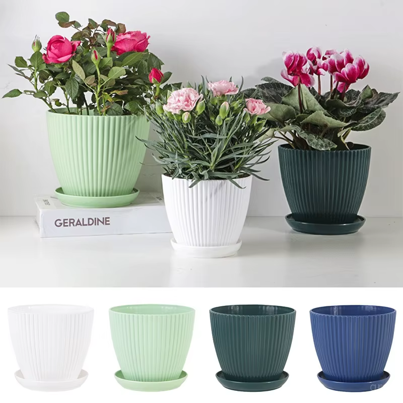 Pots de fleurs en plastique avec plateau