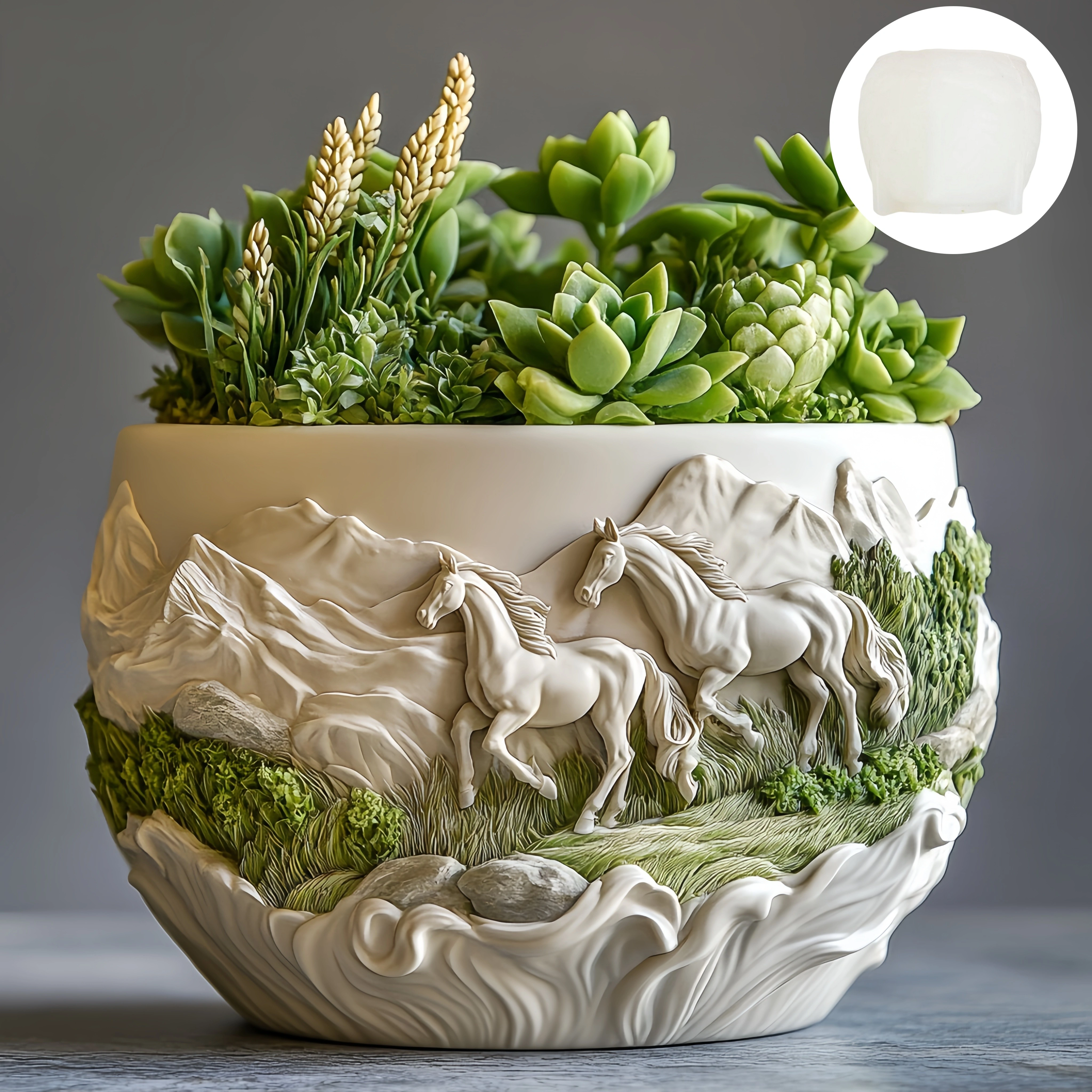 Étalon de course en relief plante succulente pot de fleurs résine silicone moule prairie cheval de guerre boîte de