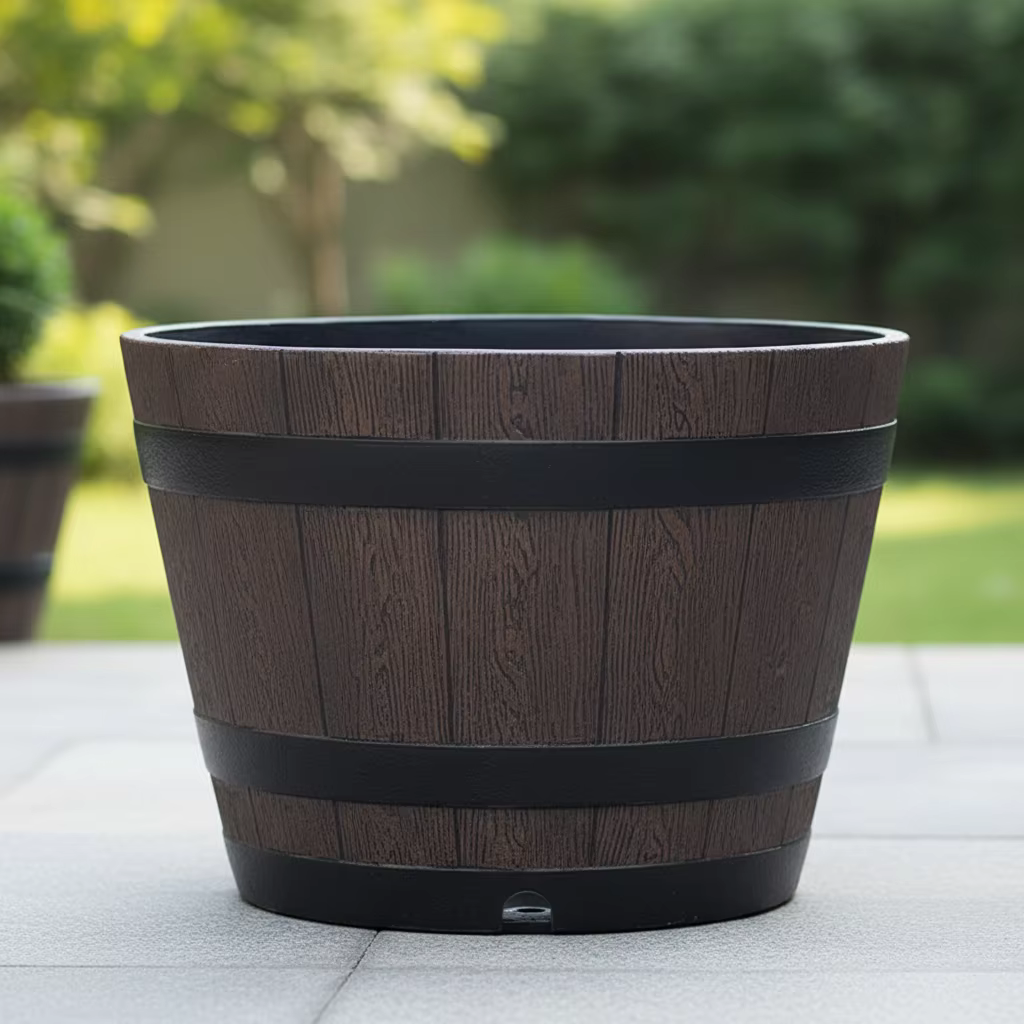 Grand pot de fleurs décoratif en résine en forme de baril en bois pour intérieur