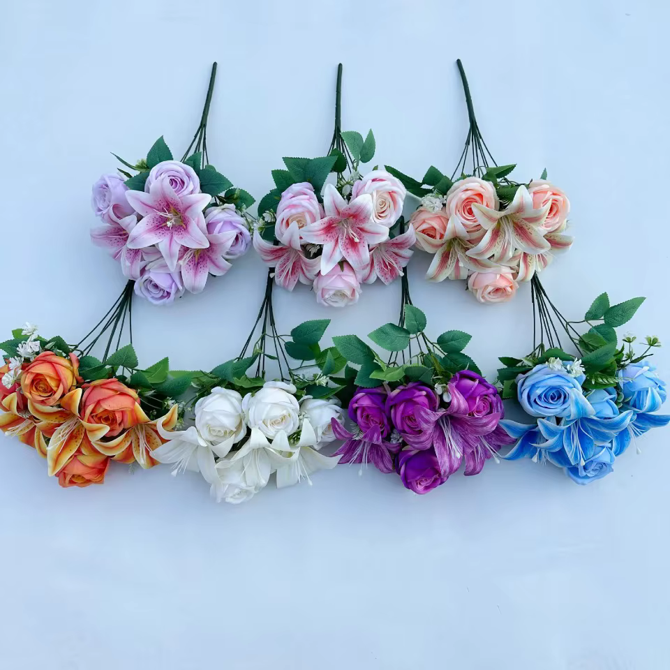 Bouquet de Couleurs Printanières : 9 Tiges de Roses et de Lys Mixtes avec des Roses - Fleurs Fraîches Coupées pour la Décoration de la Maison, Mariage, Anniversaire, Cadeau - G