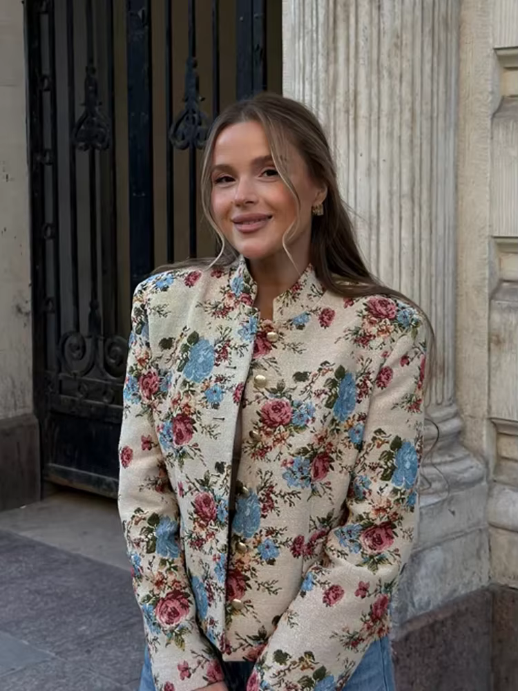 Blazer imprimé floral pour femme, col mandarin, épaulettes, veste courte à simple boutonnage, style vintage, pour l'automne et le quotidien