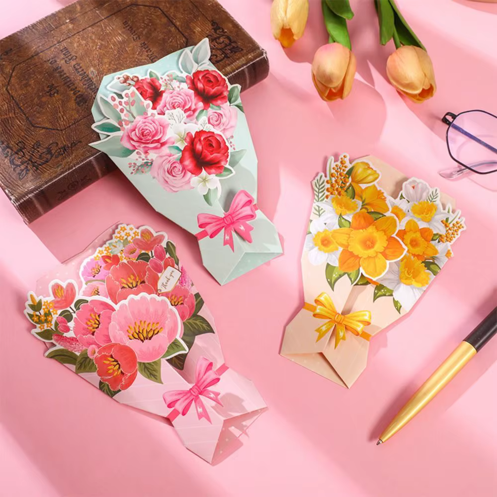 Carte de vœux 3D Fleurs en papier Tournesol/Rose/Œillet