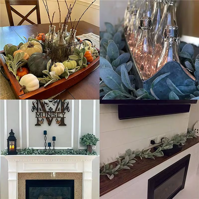 Guirlande artificielle ABKJ-5X en fausse vigne floquée effet oreilles d'agneau – 2 mètres de verdure et feuillage doux pour la décoration de cheminée de style campagnard