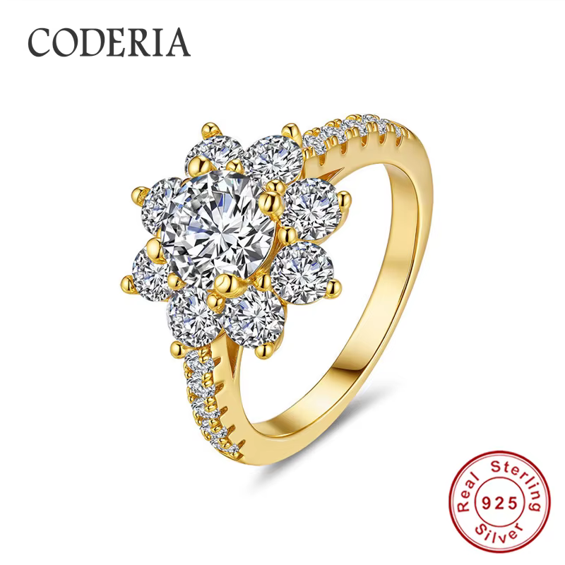 Bagues rondes en argent S925 tournesol, couleur D 1CT VVS1 3EX, bague Moissanite plaquée avec bande de doigt en or 14K, bijoux de mariage