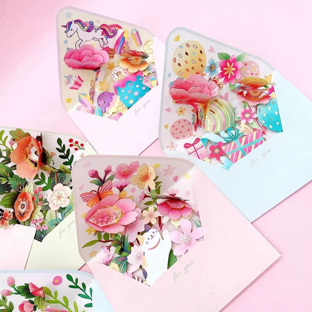 Carte postale à fleurs pop-up 3D avec enveloppe