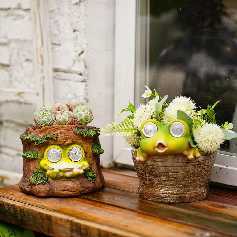 Pot de fleur de grenouille solaire avec lumière Led