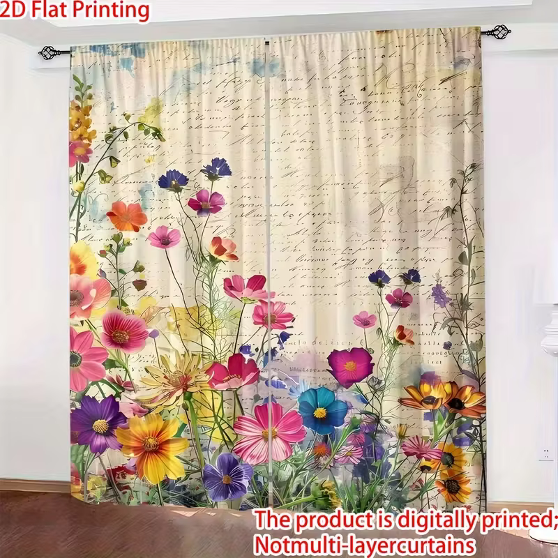 Rideaux transparents vintage à motifs floraux - Impression aquarelle nostalgique pour la décoration du salon et de la chambre à coucher