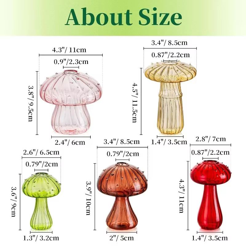 5Pcs Glass Mushroom Flower Vase Cute Colored