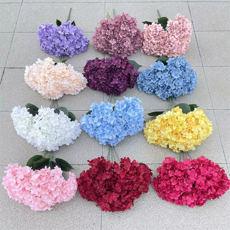 Grande taille 5 têtes blanc rouge hortensia fleurs artificielles soie bricolage mariage mariée Bouquet fausses