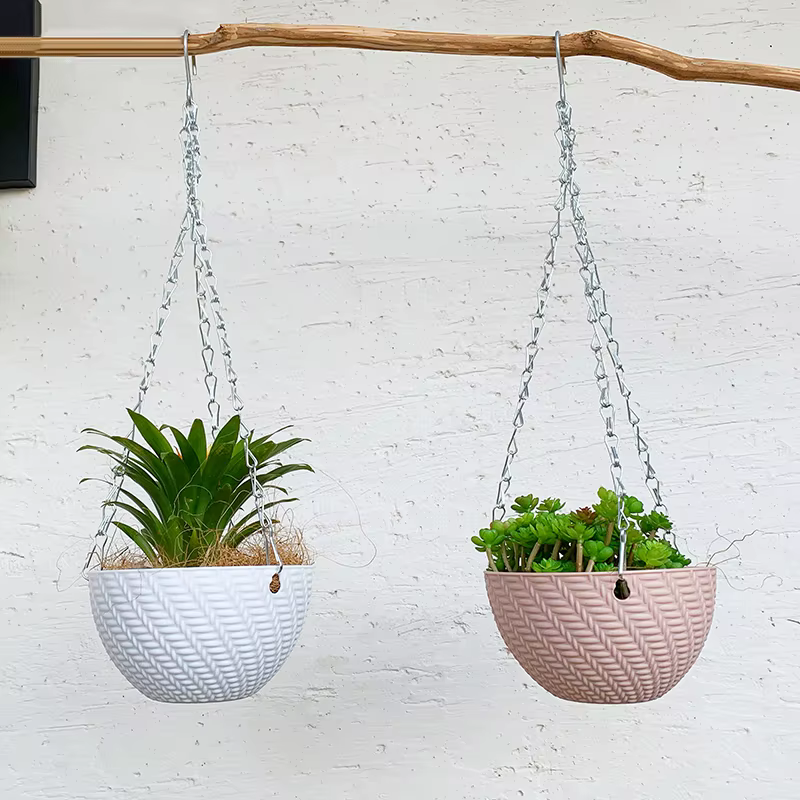 Jardinière suspendue tissée avec crochet en métal et plateau de drainage – Panier décoratif suspendu à chaîne pour plantes d'intérieur
