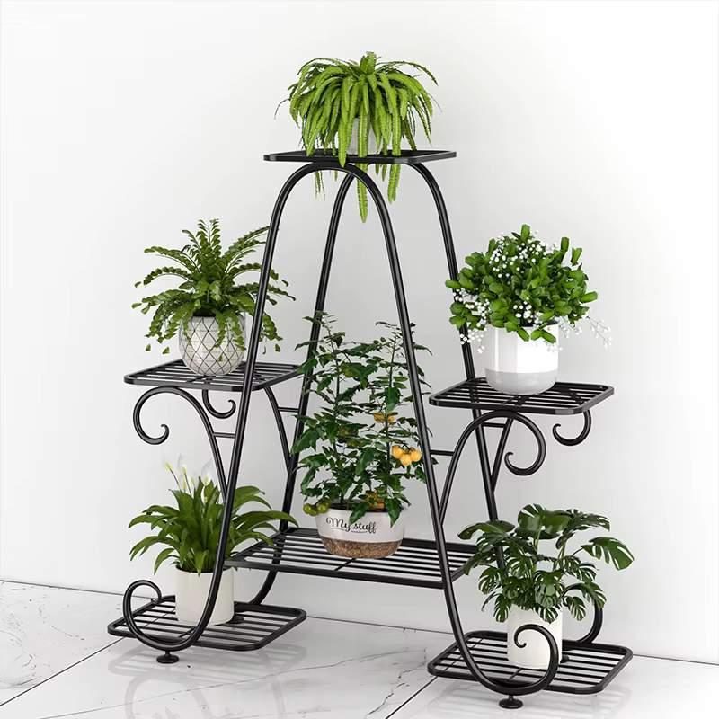Support de fleurs en fer forgé, support de pot de fleur domestique mobile multicouche du sol au plafond