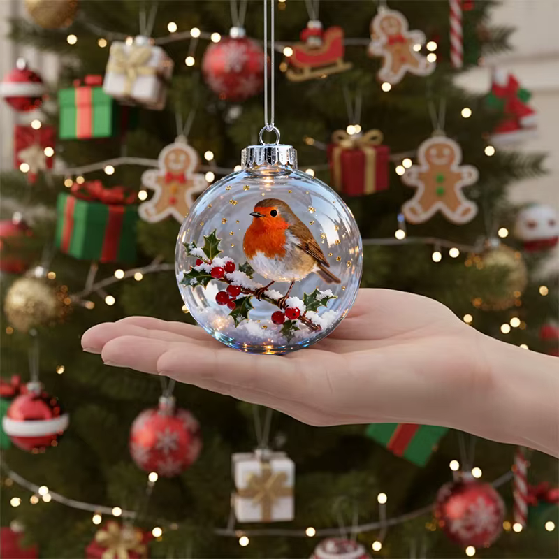 Ornement de noël transparent aux oiseaux de la nature