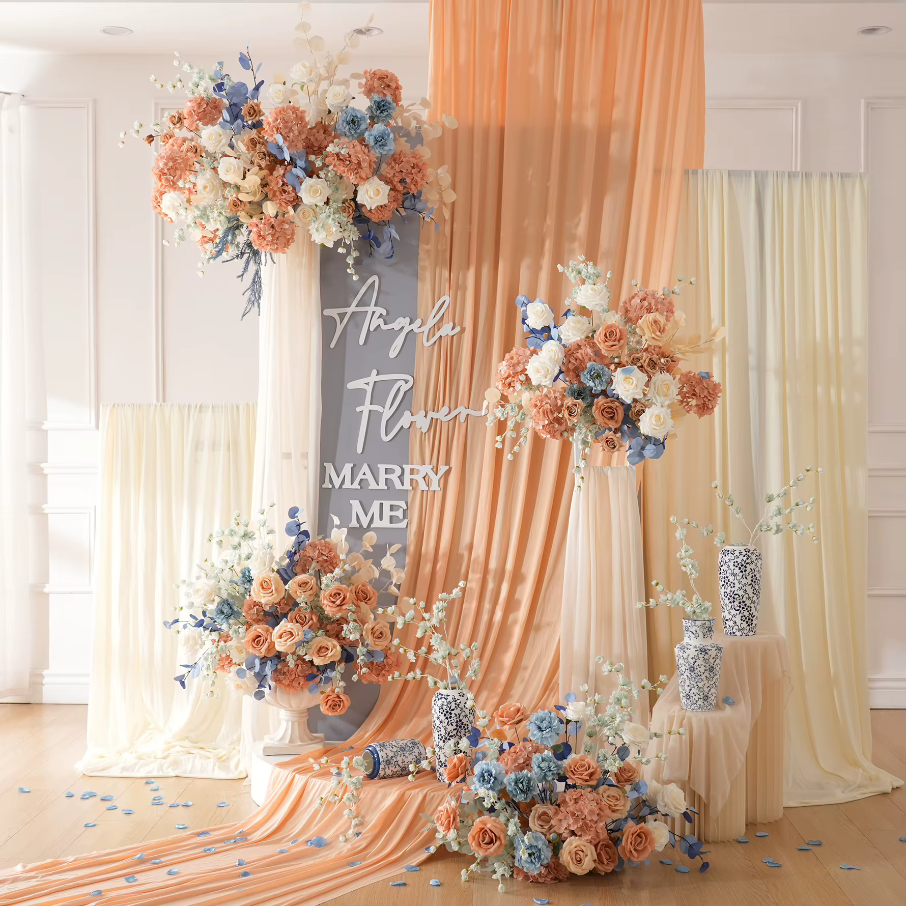 Angela Flower A9048 Arrangement Floral suspendu bleu Orange pour toile de fond de mariage passerelle allée sol fleur rangée fenêtre affichage