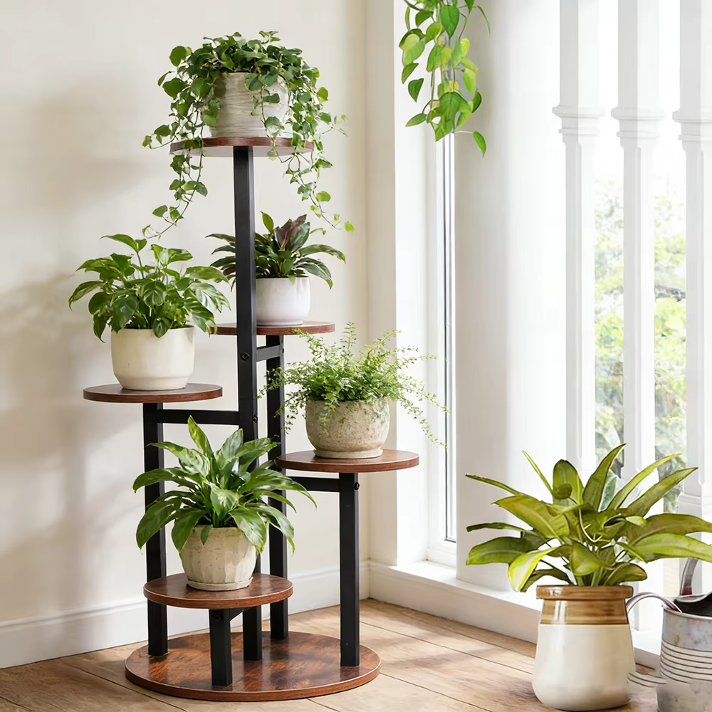 Support à plantes rustique à 5 niveaux en bois et métal - Étagère à fleurs multi-niveaux pour intérieur