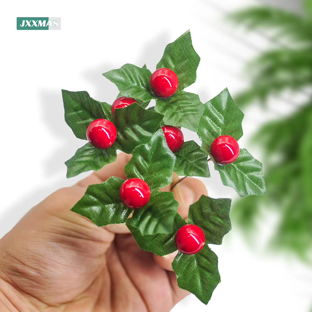 24 pièces feuille de houx artificielle baies cerise rouge petits fruits fleur de soie bricolage Bouquets de noël couronne fête de mariage décoration de la maison