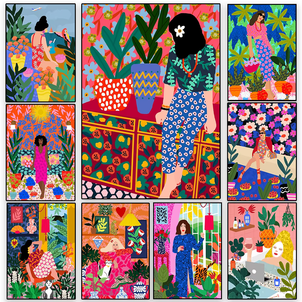 Toile d'art mural de fleurs de fille colorées tropicales