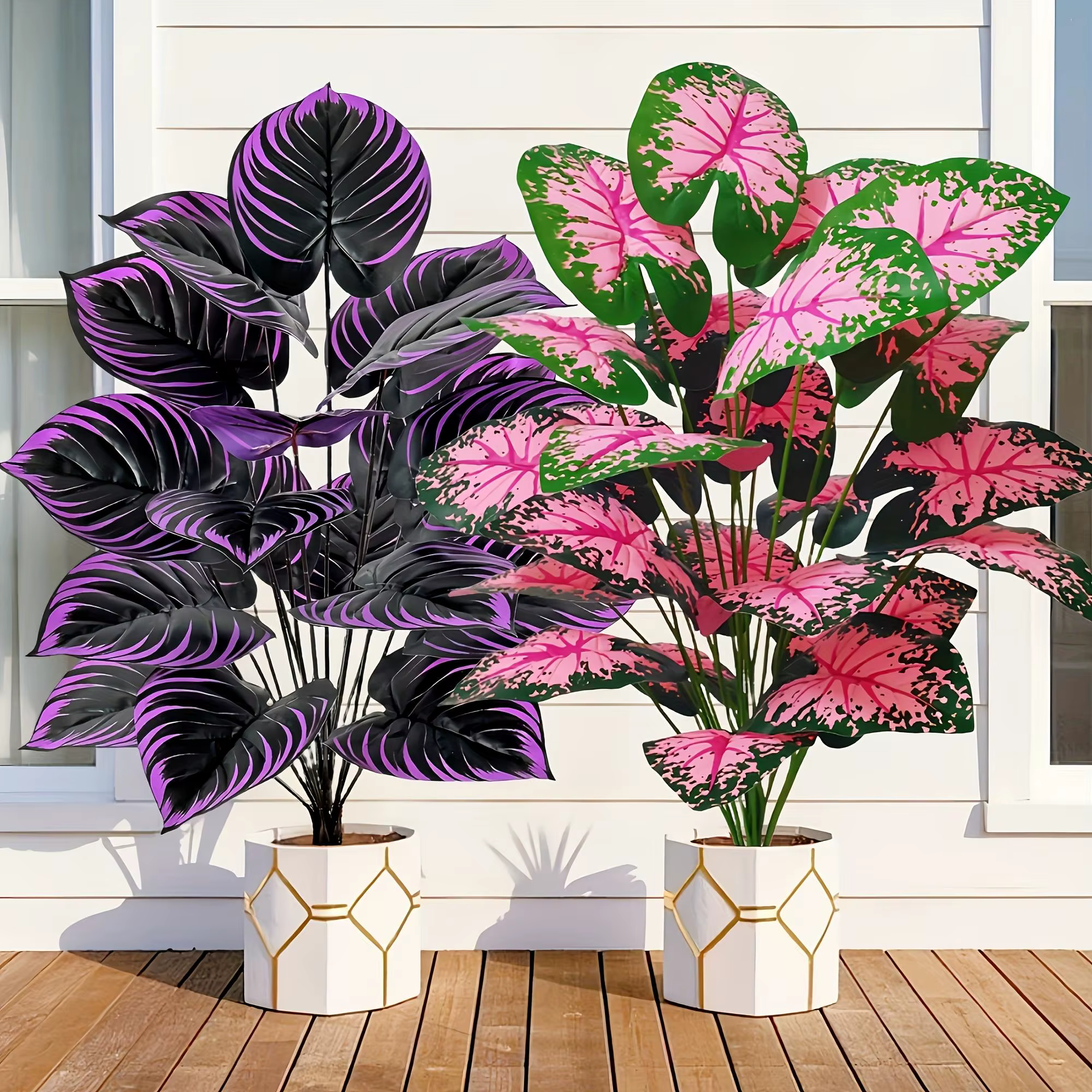 Ensemble de 2 plantes artificielles de Caladium avec feuilles roses violettes