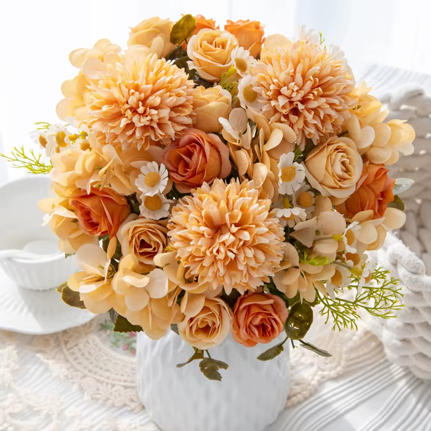 Fleurs artificielles De Mariage Maison Chambre Décor De Table Bouquet De Mariée Jardin YardFake Soie Roses Hortensias Vase pour Conseil À L'extérieur