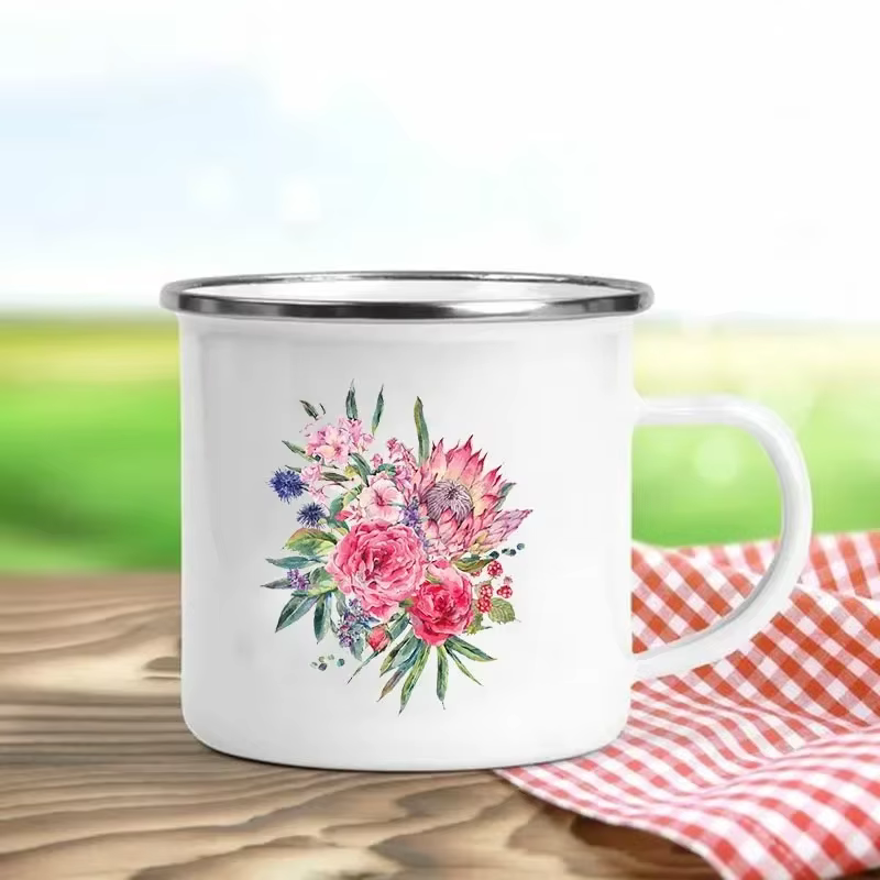 Tasses en émail rétro imprimées de fleurs, tasses à café créatives, boissons de pique-nique en plein air d'été, jus de lait, tasses de Camping, poignée, verres cadeaux