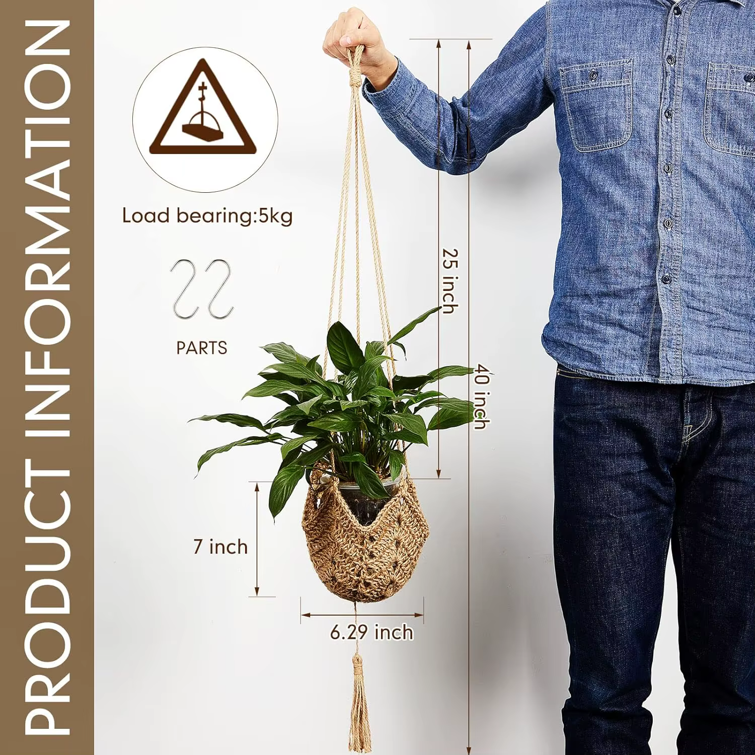 Support de plante en macramé long en jute pour pots de 3 à 12 pouces avec crochets en forme de S pour la décoration de la maison (marron)