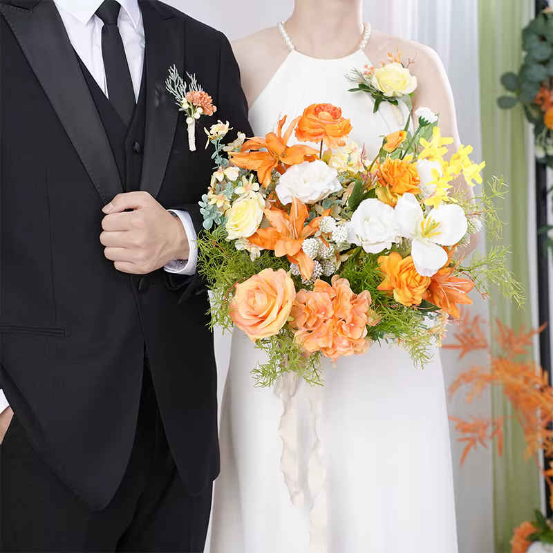 Bouquet de roses à main série Orange et blanc