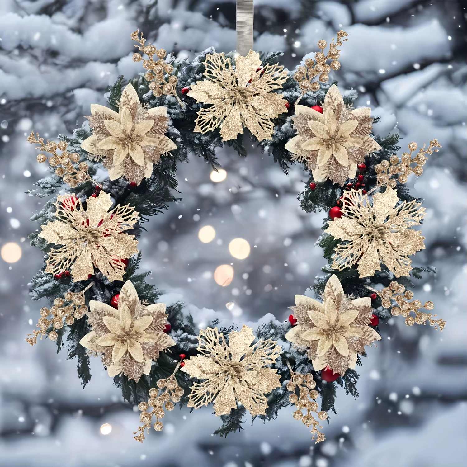 Bouquet de fleurs de noël artificielles et de baies à paillettes