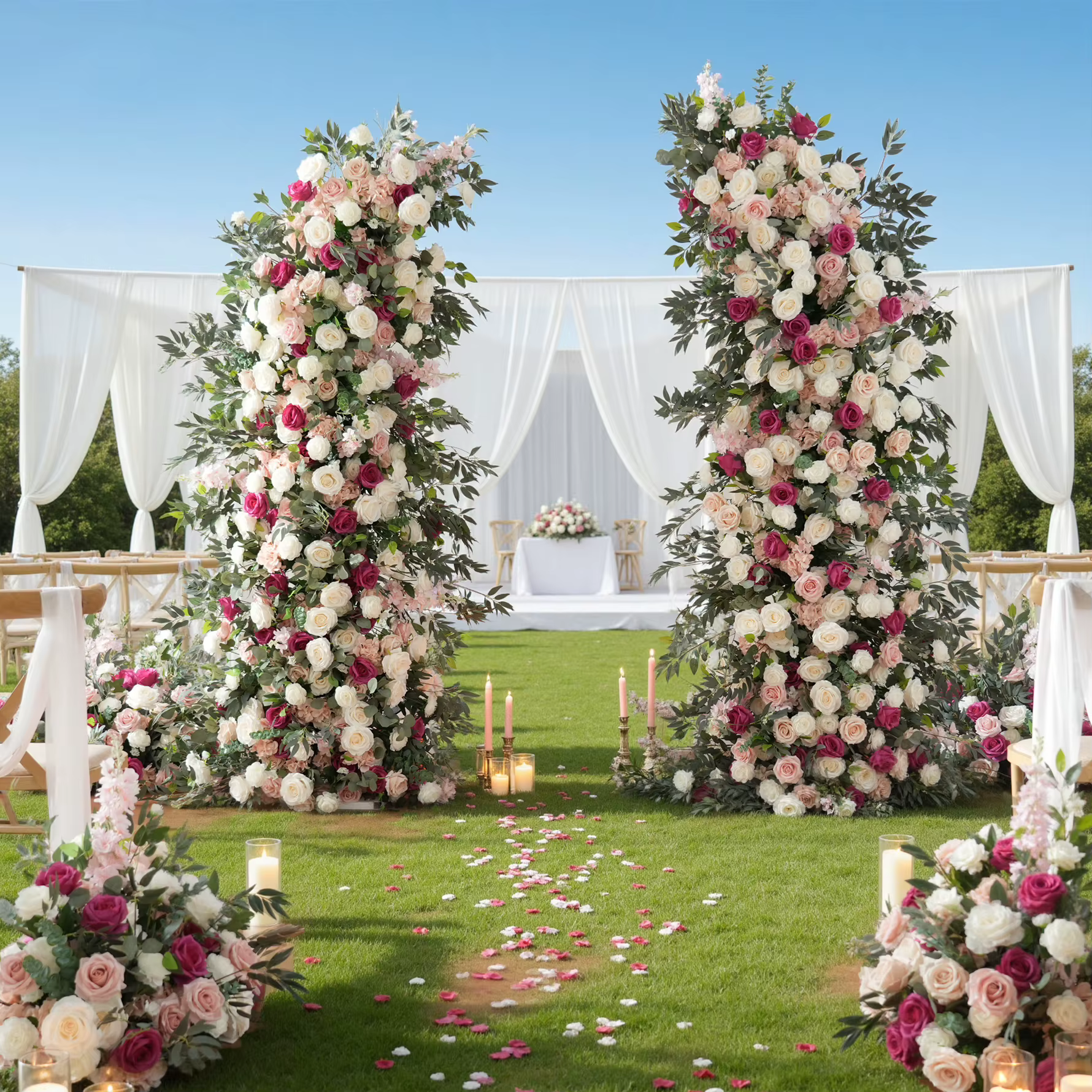 H9094 HMEOT Arche florale artificielle rose vif et feuilles vertes pour décoration de mariage