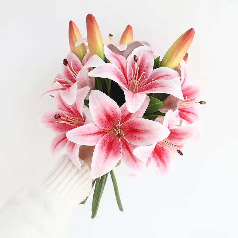 Vert aloès 4 pièces mariage rose lys Simulation fleur balcon décoration artificielle impression 3D 2 fleurs 1 bourgeon lys branche