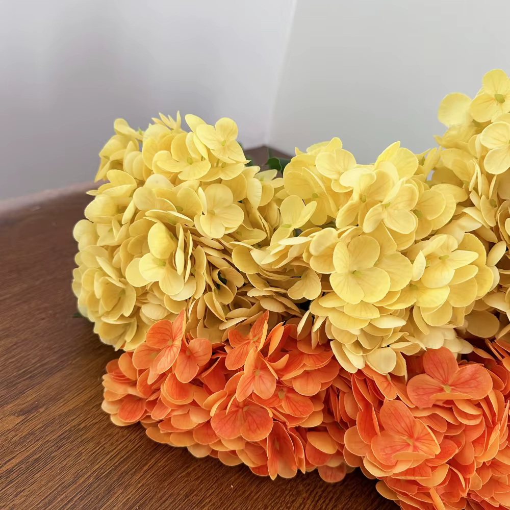 Nouvelle grande fleur artificielle d'hortensia hydratante True Touch Orange jaune faux hortensia décoration de salon scène de mariage