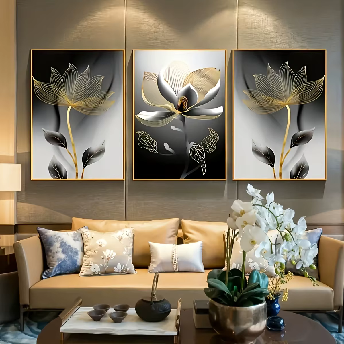 Impressions sur toile d'art floral surdimensionnées de luxe moderne 3 pièces-Design de fleur de lotus doré et noir sans