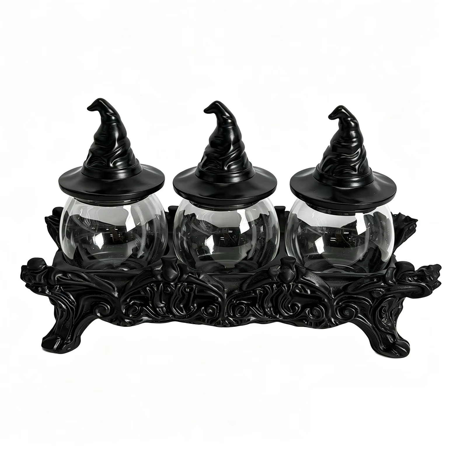 Ensemble de pots à épices d'apothicaire avec couvercles en forme de chapeau de sorcière, décoration de cuisine Witchcore, récipients de stockage alimentaire gothiques pour sel, poivre, thé