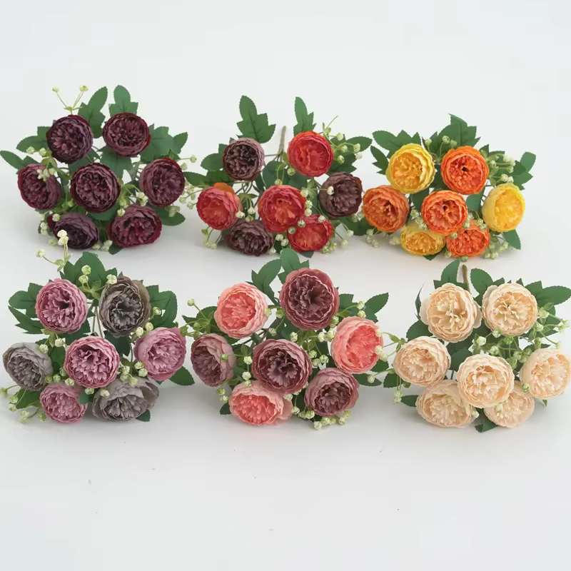 Fleurs artificielles d'aloès vert, 7 têtes, peinture à l'huile, Bouquet de pivoines, fausses fleurs en soie, Simulation de pivoines Orange, décoration de mariage