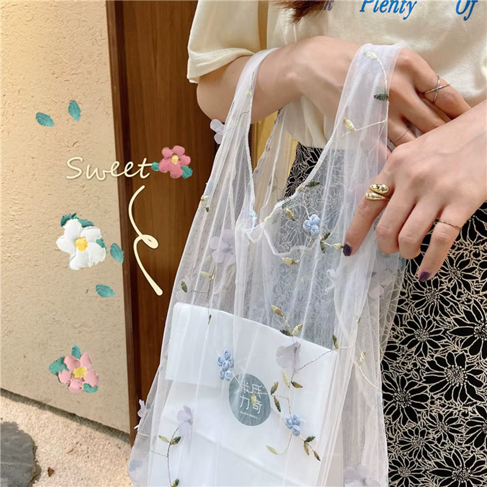 Sacs à main tendance avec broderie florale, sacs à main en maille transparente, sacs de shopping, sacs à usage spécial