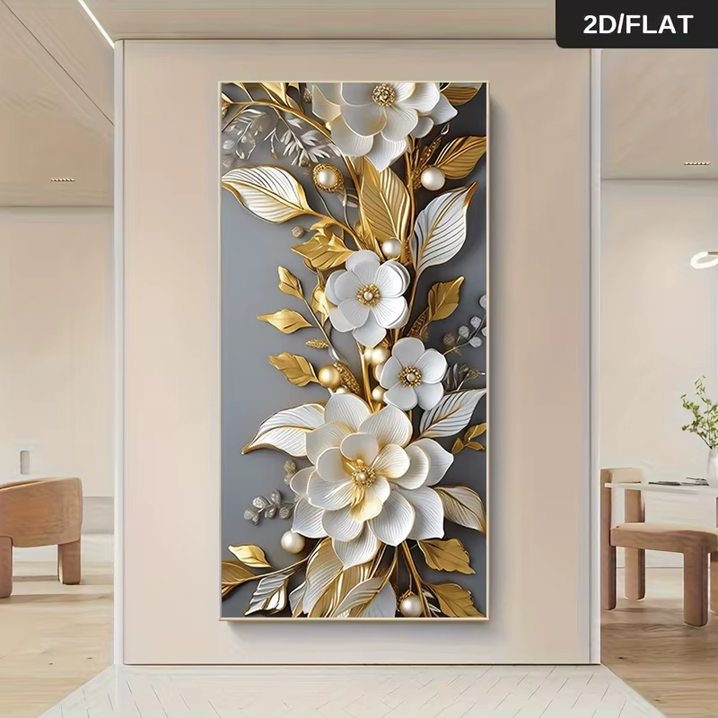 1 peinture sur toile moderne et luxueuse avec des fleurs dorées et blanches, décoration en perles, peinture suspendue sans cadre, pour salon