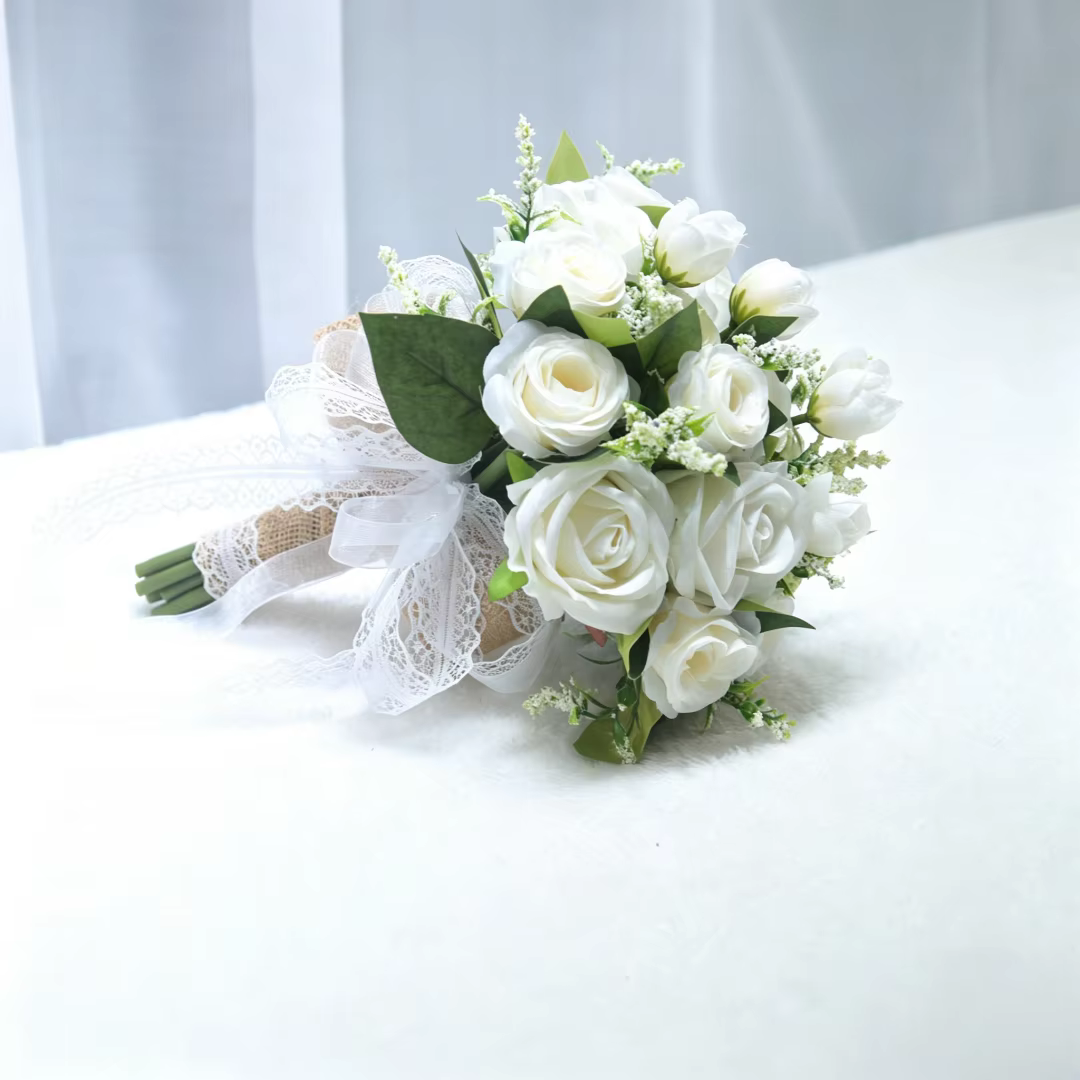 Bouquet de mariée artificiel en roses, en dentelle et toile de jute, fleur artificielle à tenir en main pour mariage, demoiselle d'honneur, séance photo en extérieur