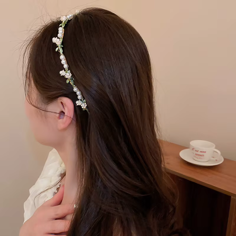 Bandeau de cheveux fleur perle pour femme, bandeau tête de mort haute, pression supérieure, breloque florale, accessoires pour cheveux polyvalents, mode