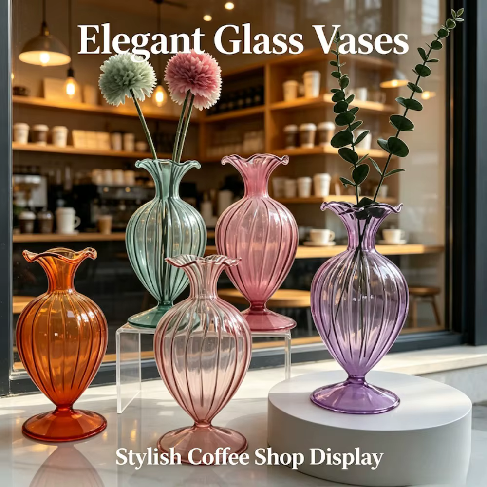 Vase à fleurs en verre coloré côtelé simple