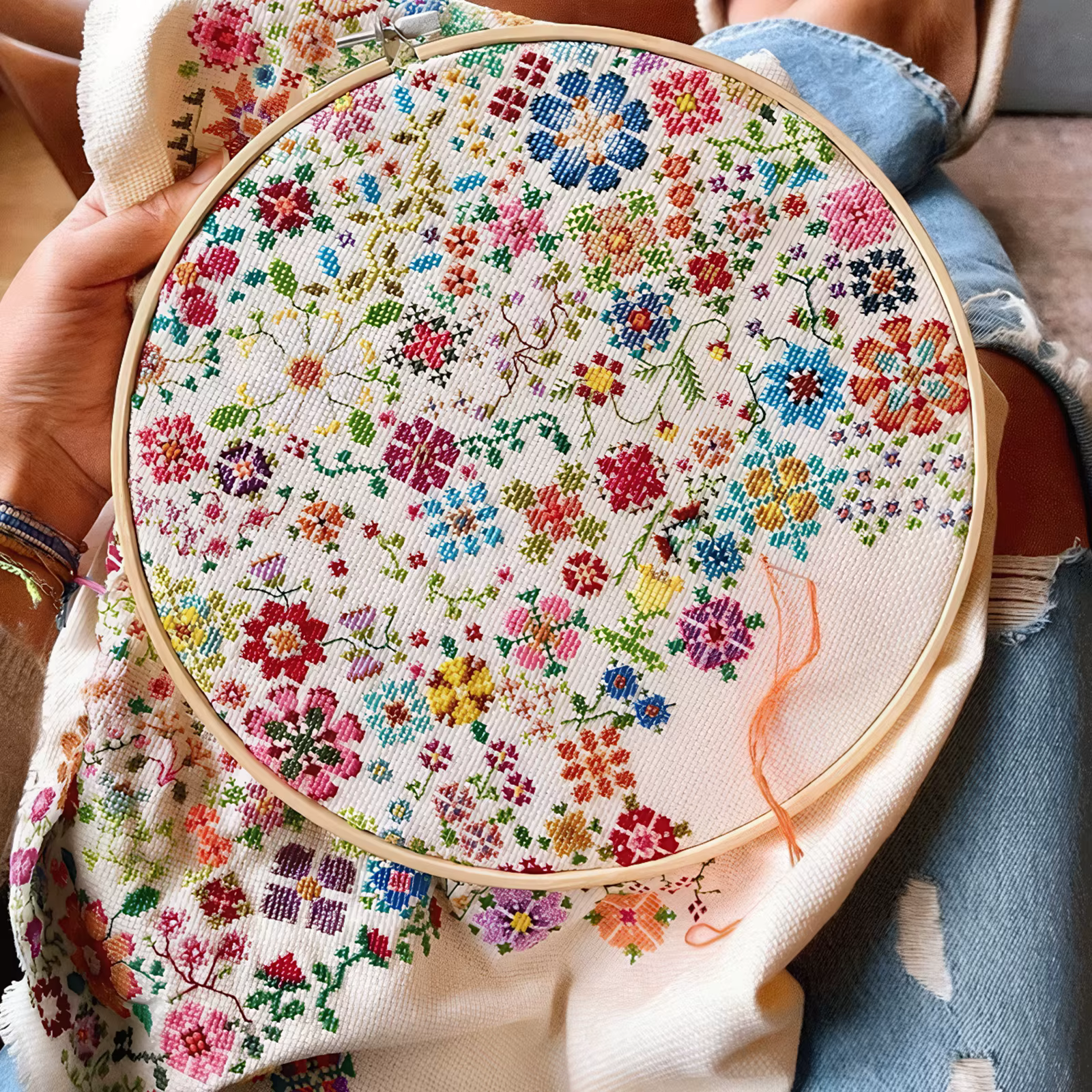 Kit de broderie « Une fleur par jour » avec motifs brodés pré-imprimés