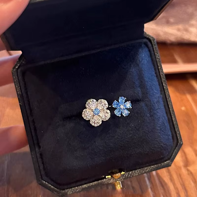 Bague en diamant bleu scintillant pour femmes, Double fleur, à la mode, deux tons, bagues fraîches exquises, bijoux de fête, cadeau