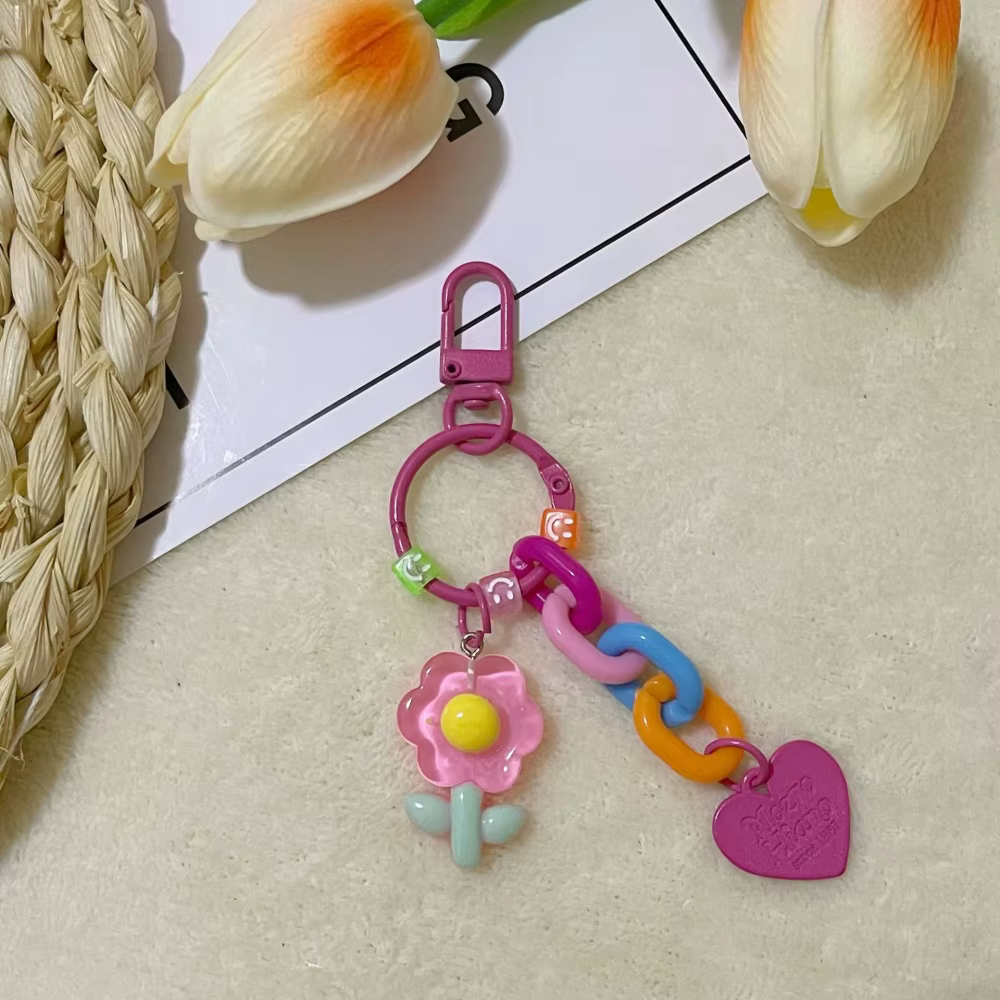 Porte-clés pendentif fleur multicolore, porte-clés cœur coloré en acrylique, breloque sac Kawaii pour sac à dos et sac à main, tendance