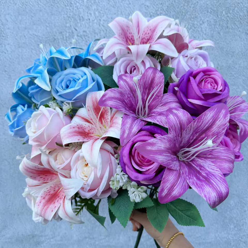 Bouquet de Couleurs Printanières : 9 Tiges de Roses et de Lys Mixtes avec des Roses - Fleurs Fraîches Coupées pour la Décoration de la Maison, Mariage, Anniversaire, Cadeau - G