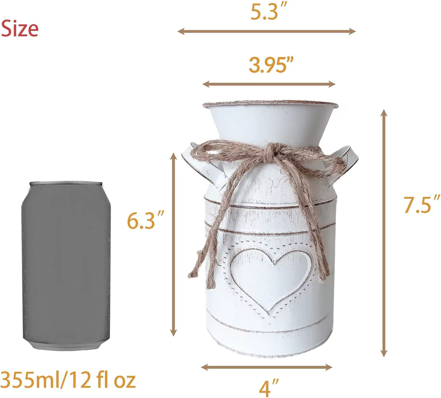 Vase en métal rustique en forme de cœur gaufré avec corde en jute