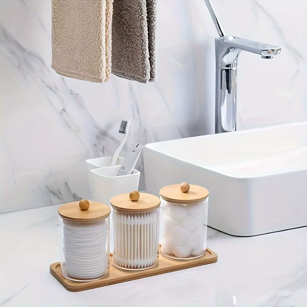 Support en bambou avec 1 plateau de commode, figurines d'apothicaire avec couvercle en bambou, récipient de salle de bain transparent, 3 écouvillons, boules, tampons, ensemble de 4 pièces