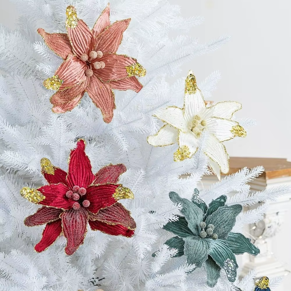 Fleur de noël artificielle en Faux velours avec paillettes